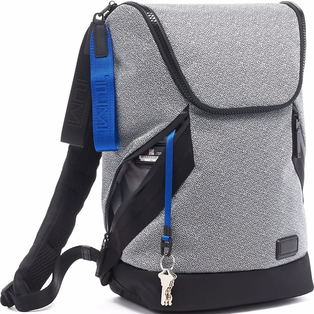 Tumi Gray & Black Textured Backpack with Blue Accent Strap